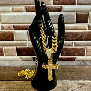 Gold Iced Out Cuban Link Chain with Zirconia Cross Pendant - 24"